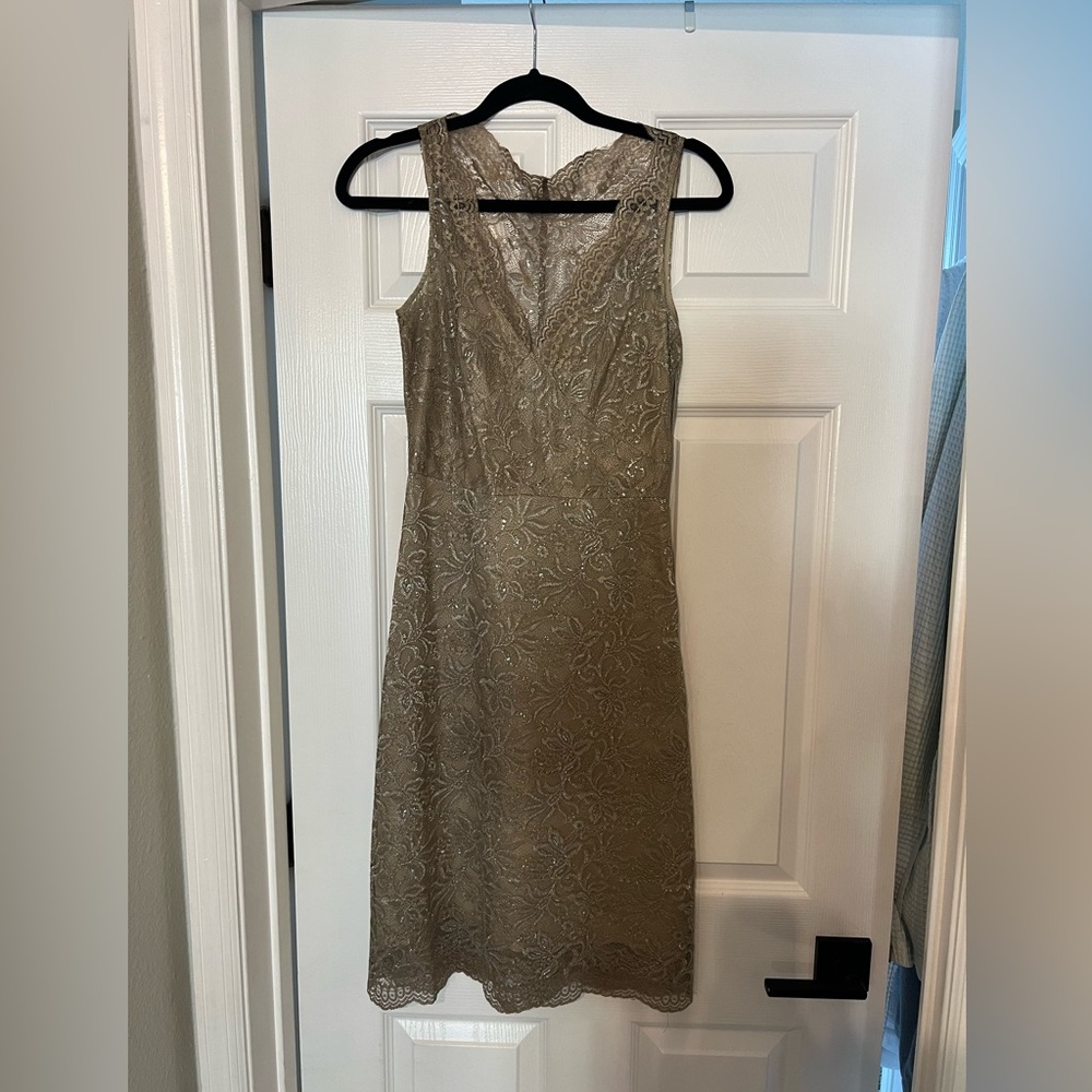 BCBGMaxAzria Lace Midi Dress in Tan